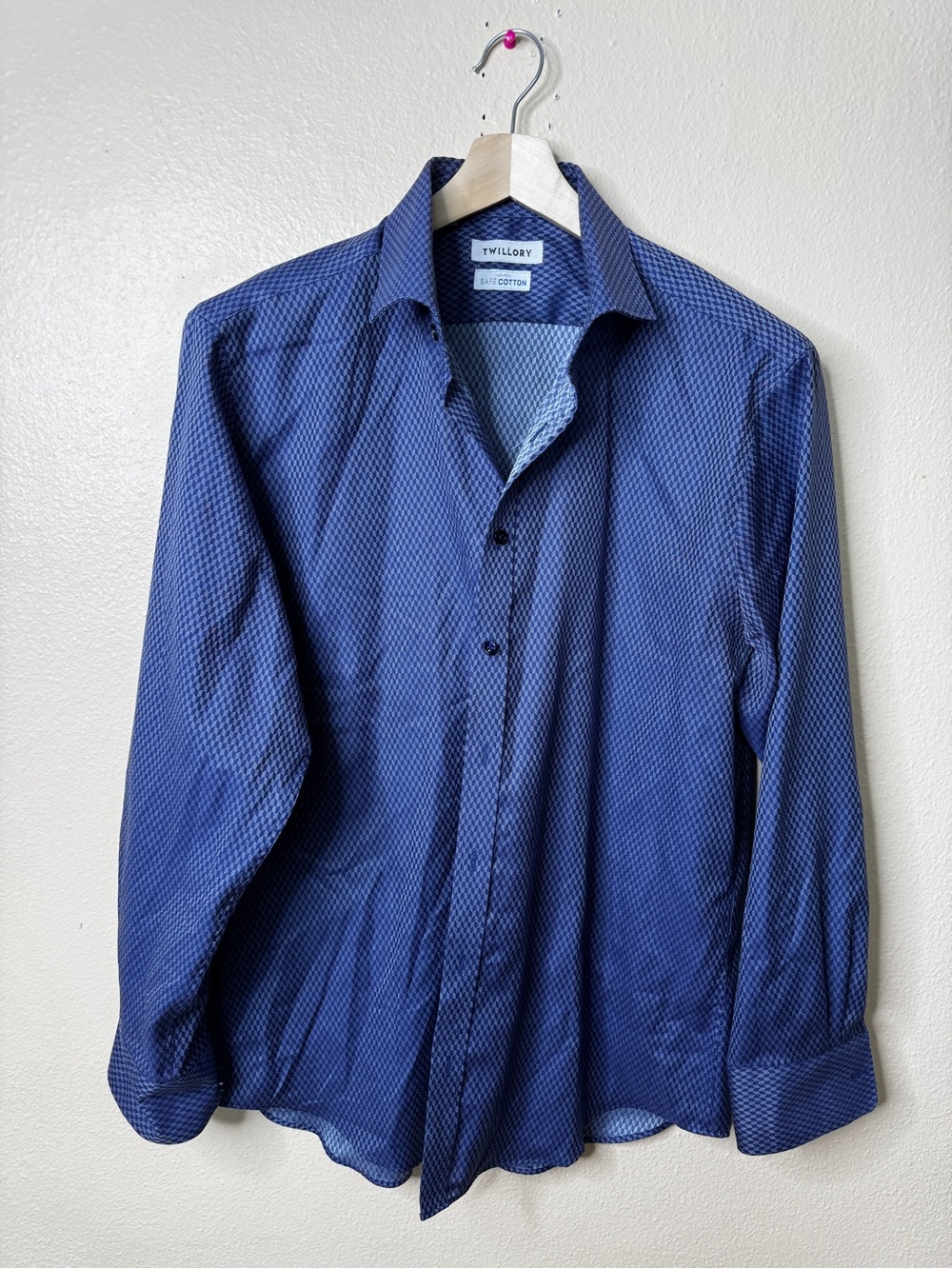 Twillory Mens 17 34/35 Dress Shirt Blue Geometric Cotton Tailored Fit No Iron